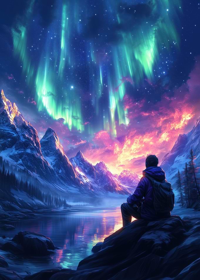 Aurora Borealis over Mountain Lake