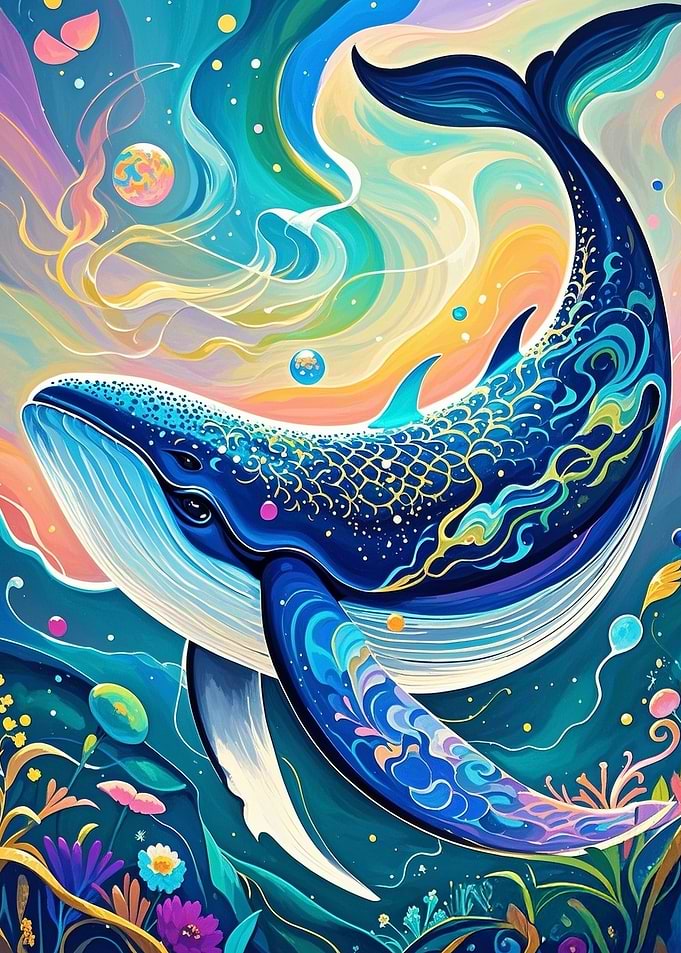 Whale in Colorful Abstract Ocean