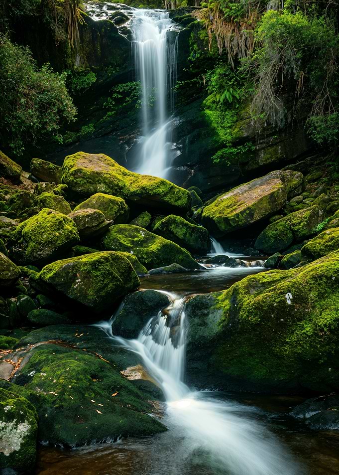 Mossy Waterfall in Lush Green Forest