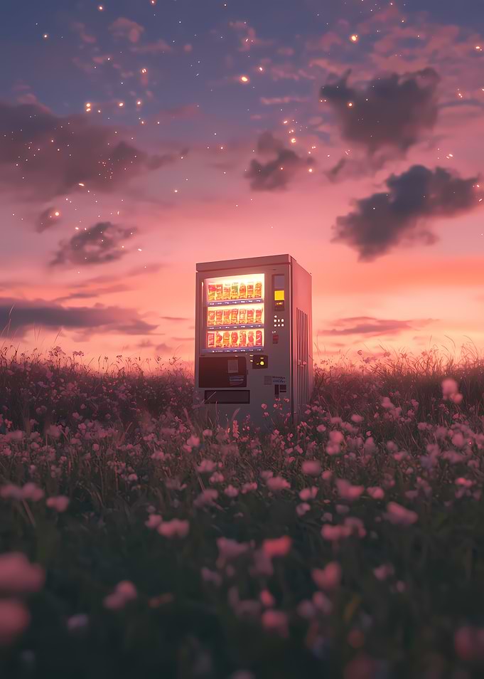 Vending Machine in a Field of Pink Flowers at Sunset