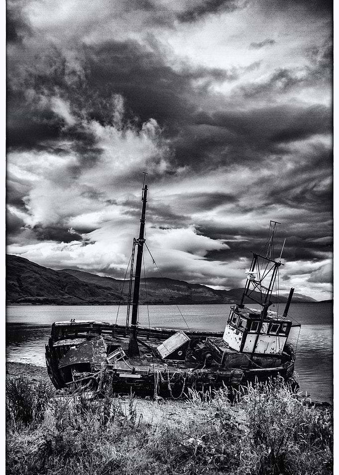 Black and White Shipwreck Landscape