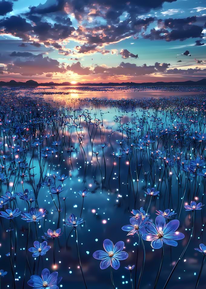 Blue Flower Field at Sunset