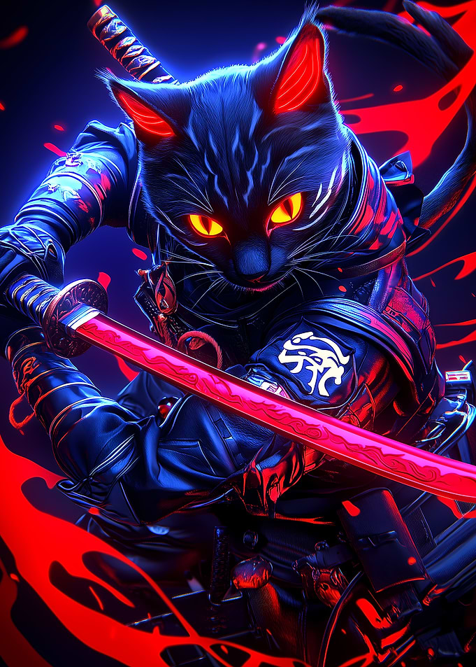 Samurai Bengal Cat Warrior with Red Katana Animal
