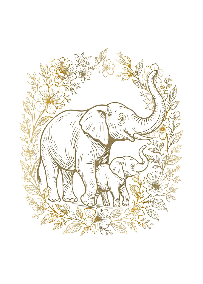 Elephant Mom and Baby Wall Art | Mother’s Day Gift from Daughter or Son | Hand-Drawn Gold Floral Illustration