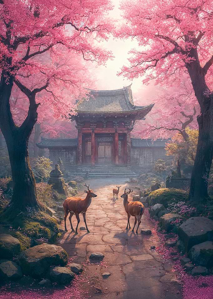 Deer in Cherry Blossom Garden