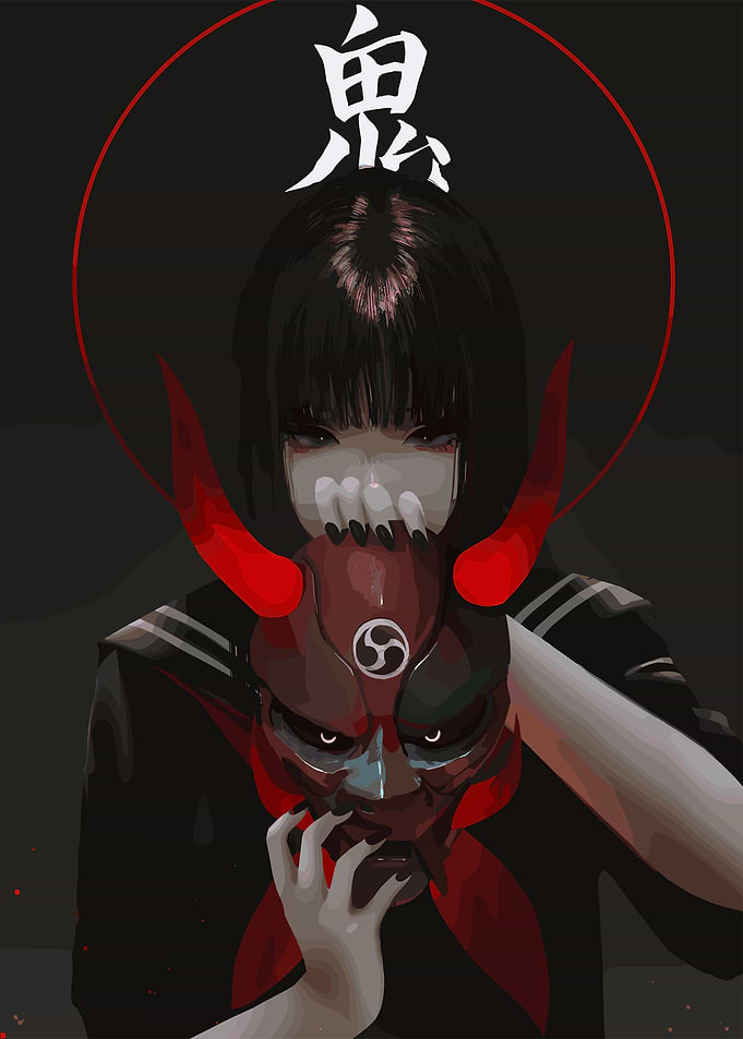 Girl with Oni Mask Digital Art