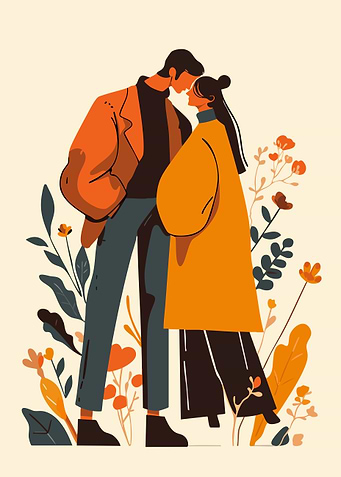 Autumn Couple in Love with Floral Background Boho Minimalist Art Illustration