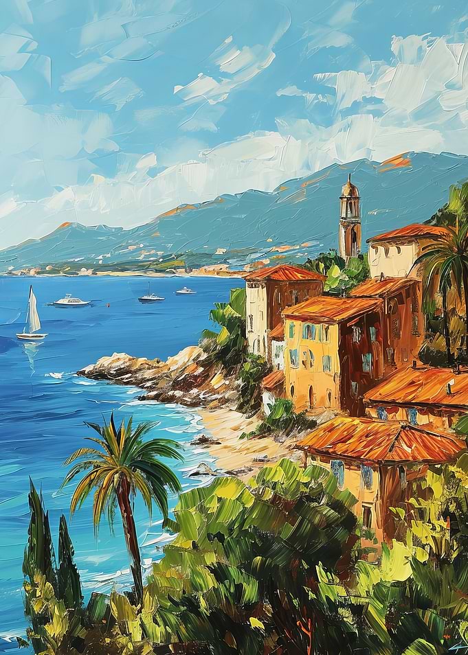 Coastal Town Painting with Sailboat