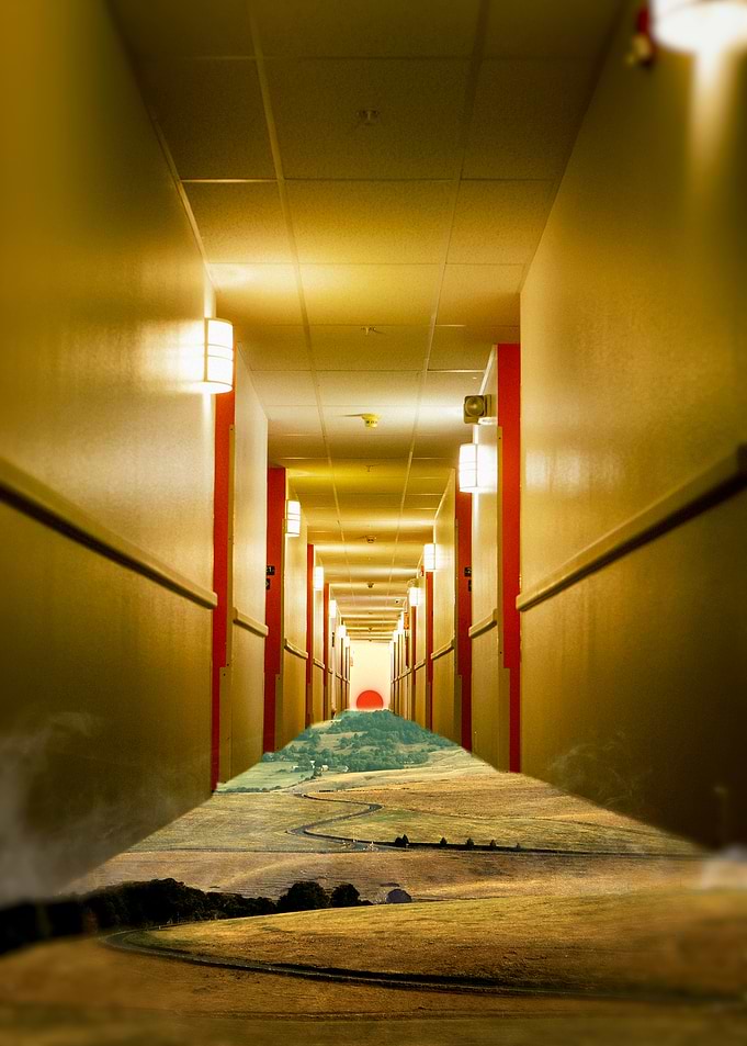 Encapsulated Plain. Red Sun at the Hallway's End