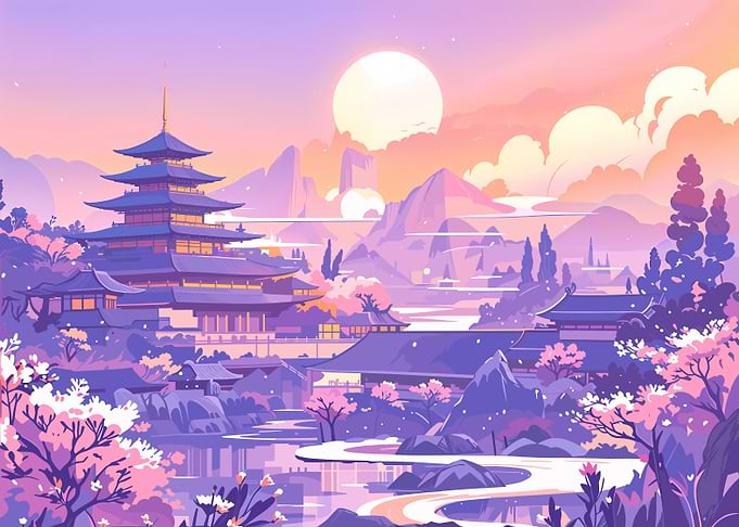 Pixel Art Japanese Landscape with Pagoda