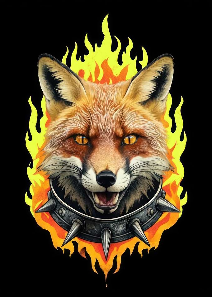 Fox with spiked collar in flames