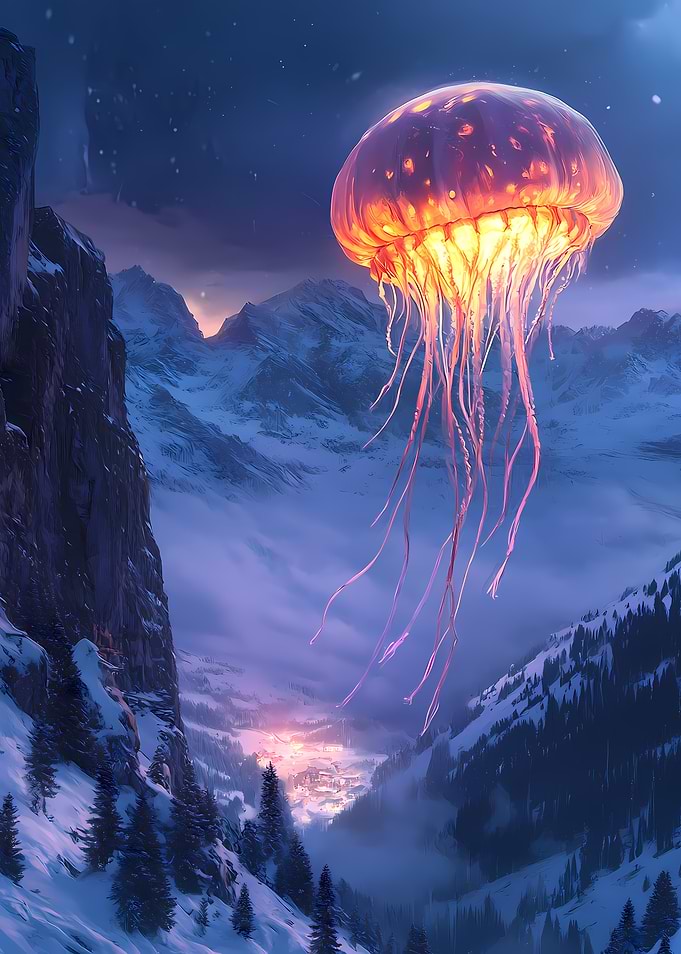 Glowing Jellyfish Floating Over Snowy Mountains