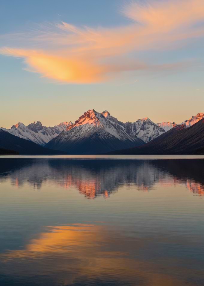 Snowy Mountains Reflecting in Calm Lake