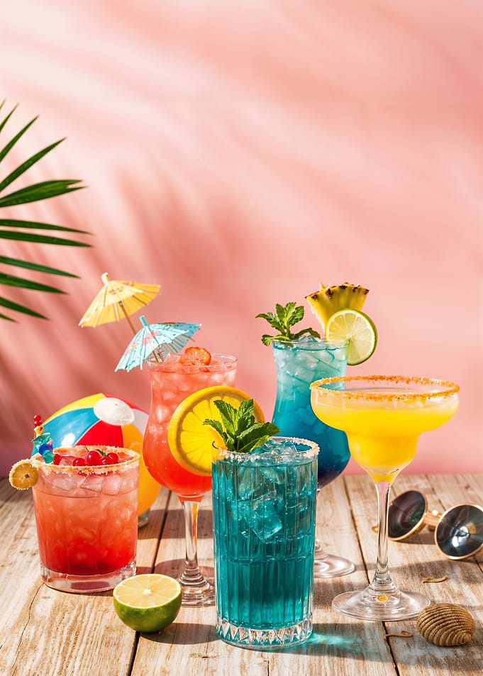 Tropical Cocktails on Wooden Table