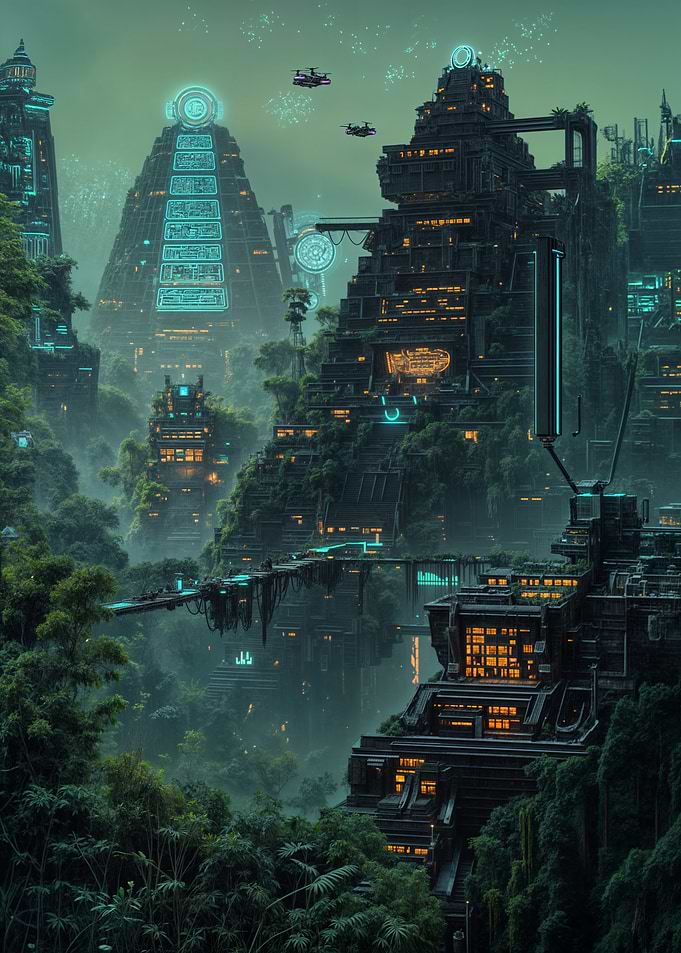 Futuristic Mayan Cityscape with Drones