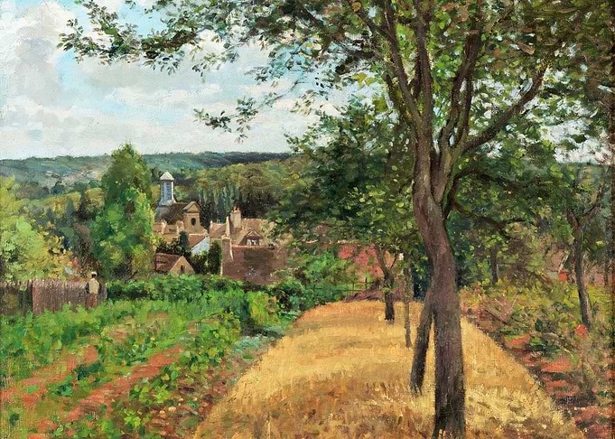 Village Landscape Painting with Trees