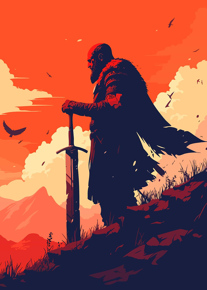 Viking Warrior with Sword at Sunset After Battle Minimalist Art Illustration
