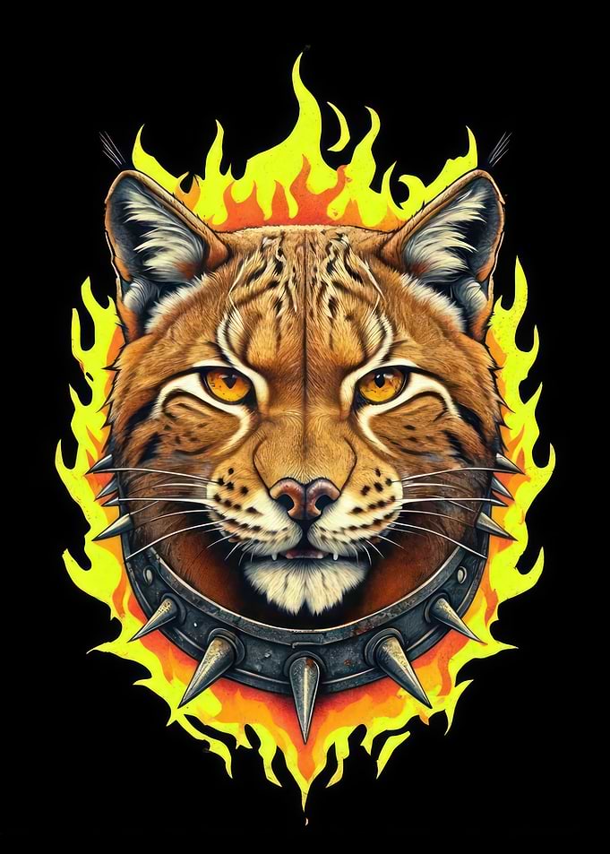 Bobcat with Spiked Collar and Flames
