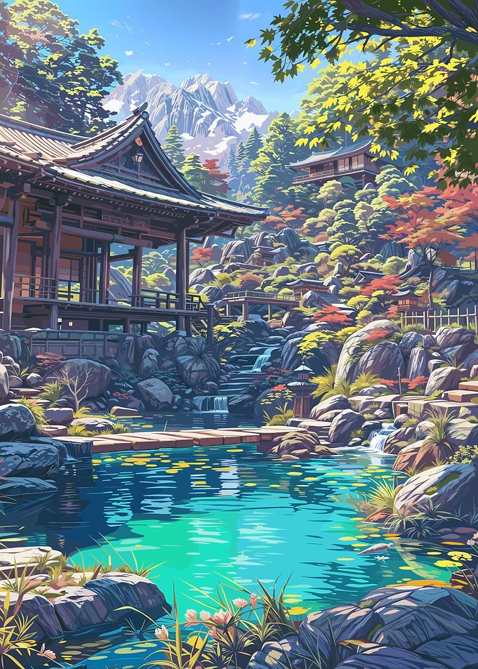 Japanese Temple and Mountain Landscape