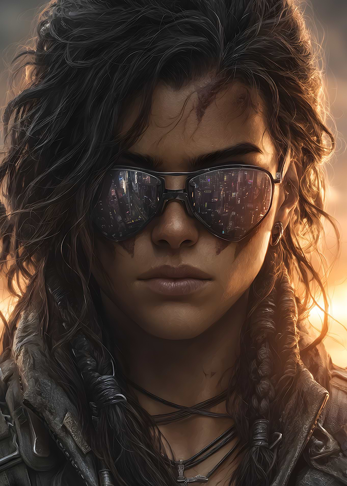 Woman with Sunglasses Reflecting Cityscape