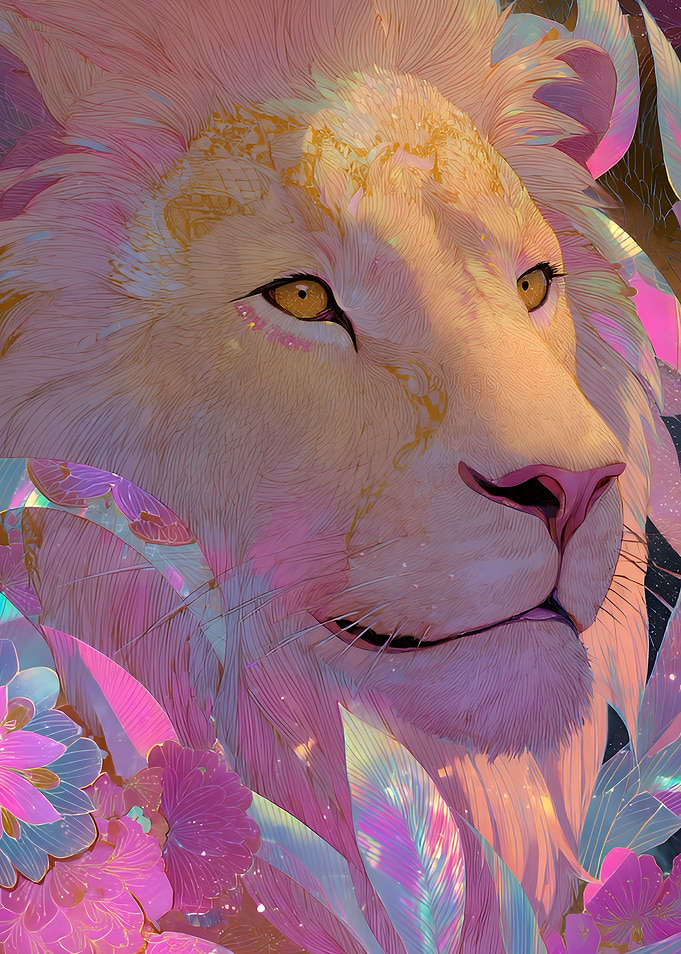 Lion Portrait with Floral Accents