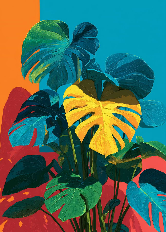 Colorful Monstera Plant Art | Retro Tropical Monstera Print Leaf Art
