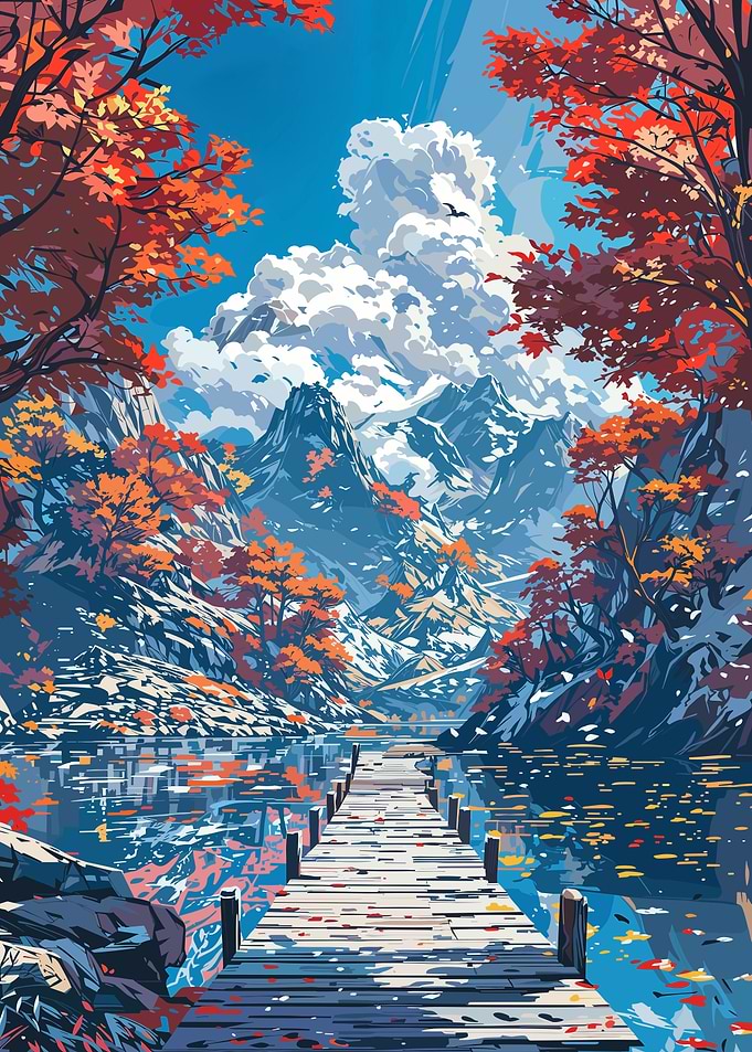 Autumn Mountain Lake Pier Landscape