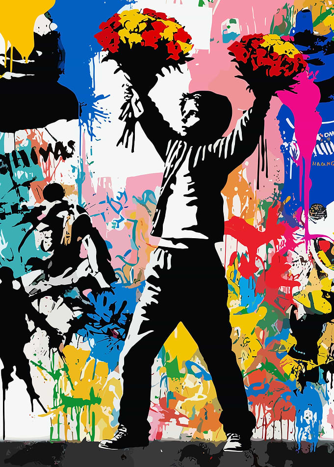 Boy with Flowers Graffiti Art