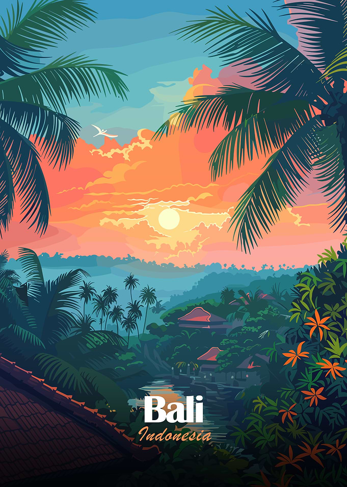 Bali Indonesia Tropical Landscape Illustration