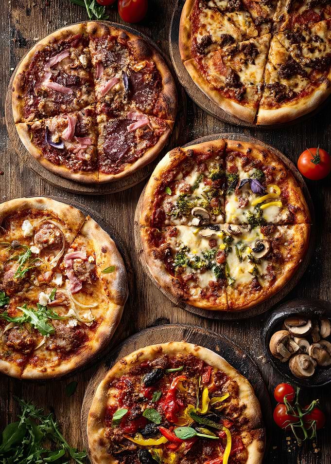 Assorted Pizzas on Wooden Boards