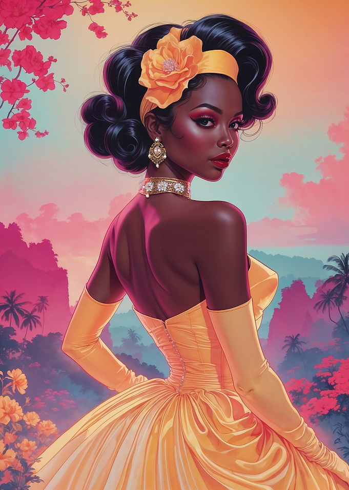 Elegant Black Pin-Up in Yellow Dress