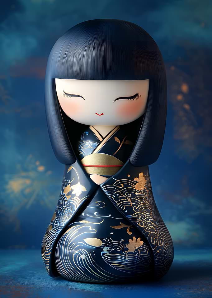Japanese Kokeshi Doll in Blue Kimono