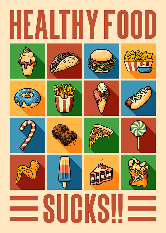 Healthy Food Sucks Cartoon Collage