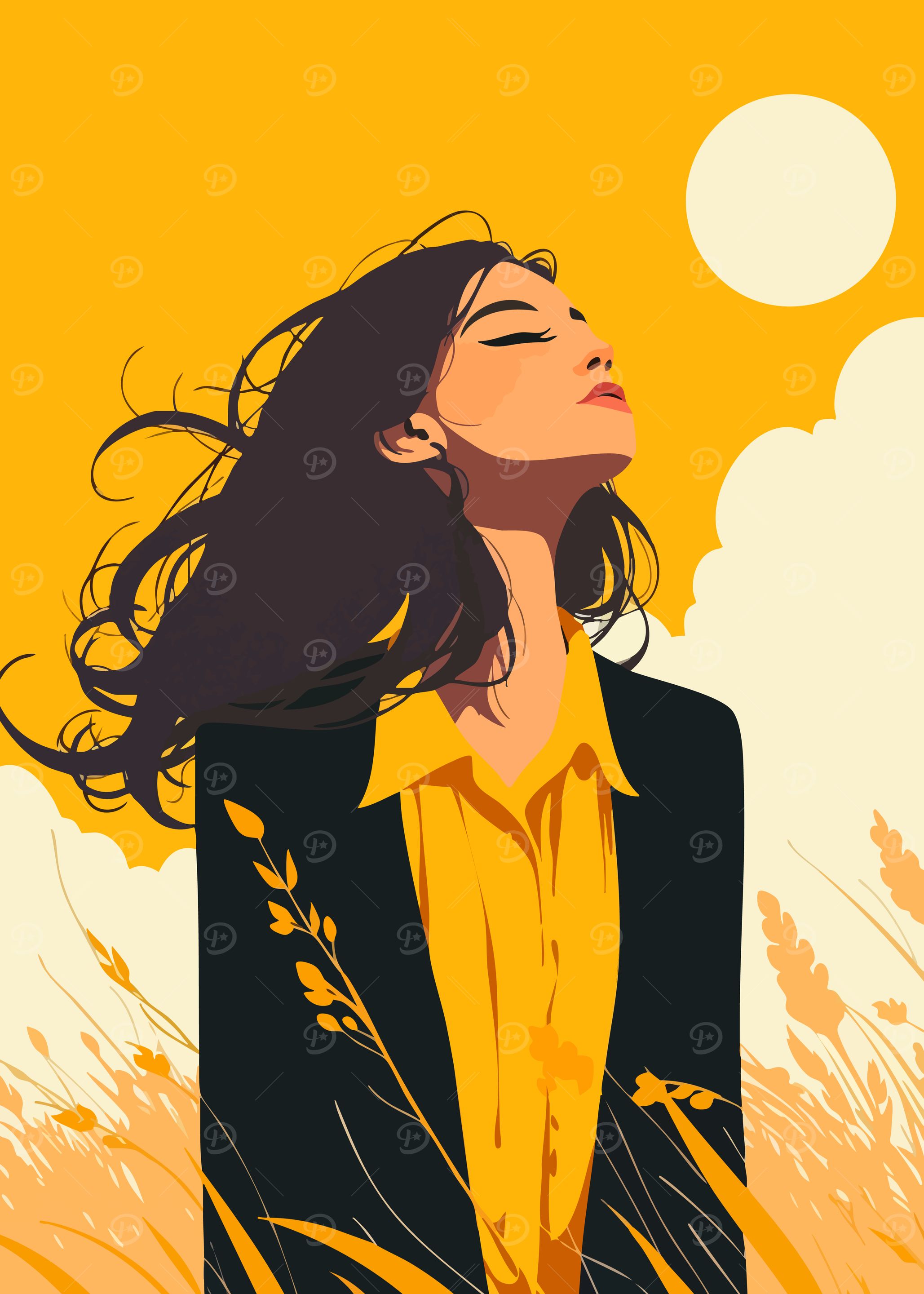 Autumn Sunset Field Woman Boho Art Minimalist Art Illustration