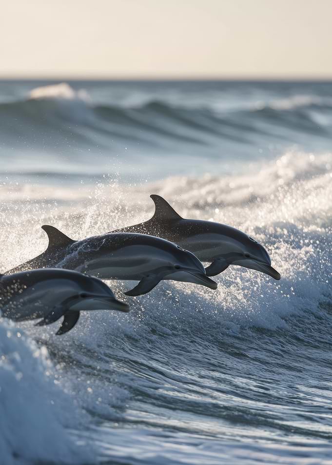 Dolphins leaping from ocean waves