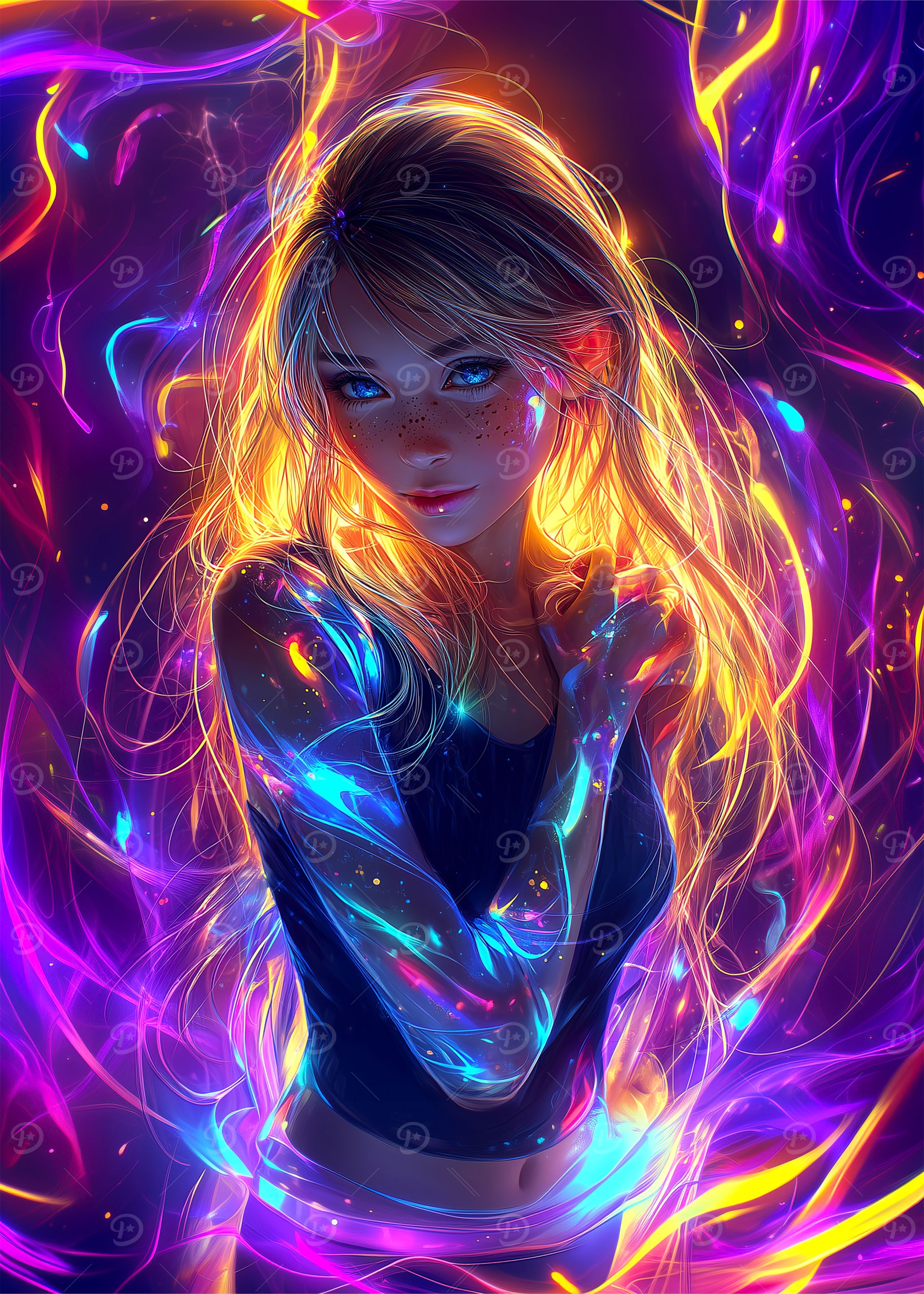 Glowing Girl with Neon Lights
