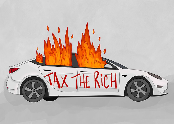 Burning Car with 'Tax the Rich' Slogan