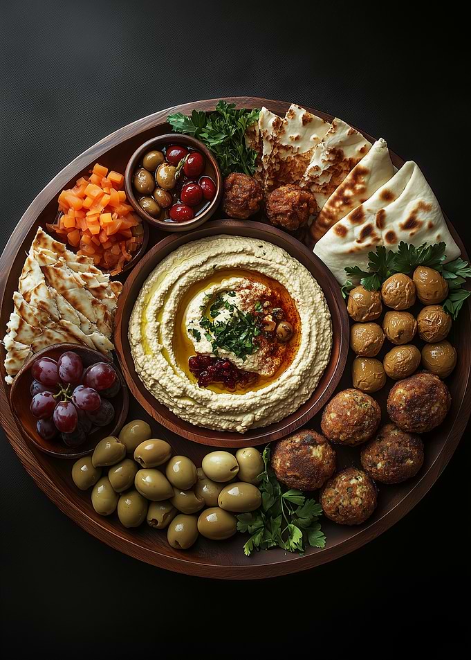 Hummus platter with various appetizers