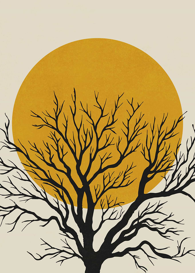 Minimalist Tree Silhouette with Golden Sun
