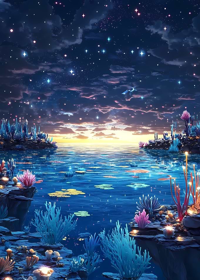 Fantasy Ocean Shore with Coral Formations Under a Starry Sky