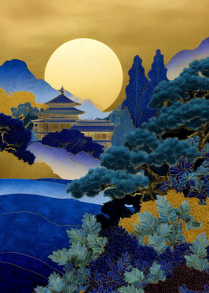 Japanese Landscape with Temple and Moon