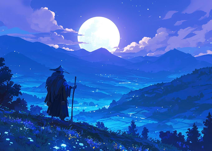 Wizard under the moonlight landscape