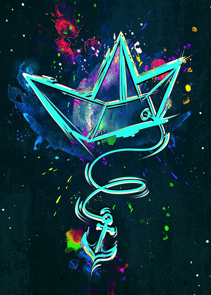 Paper Boat and Anchor Colorful Art