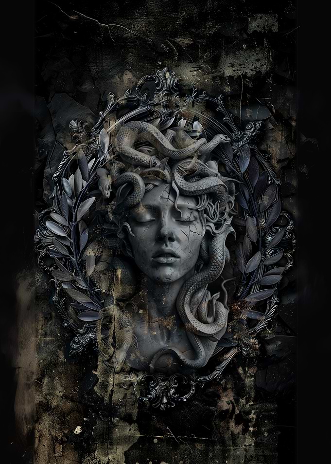 Medusa Stone Sculpture with Snakes