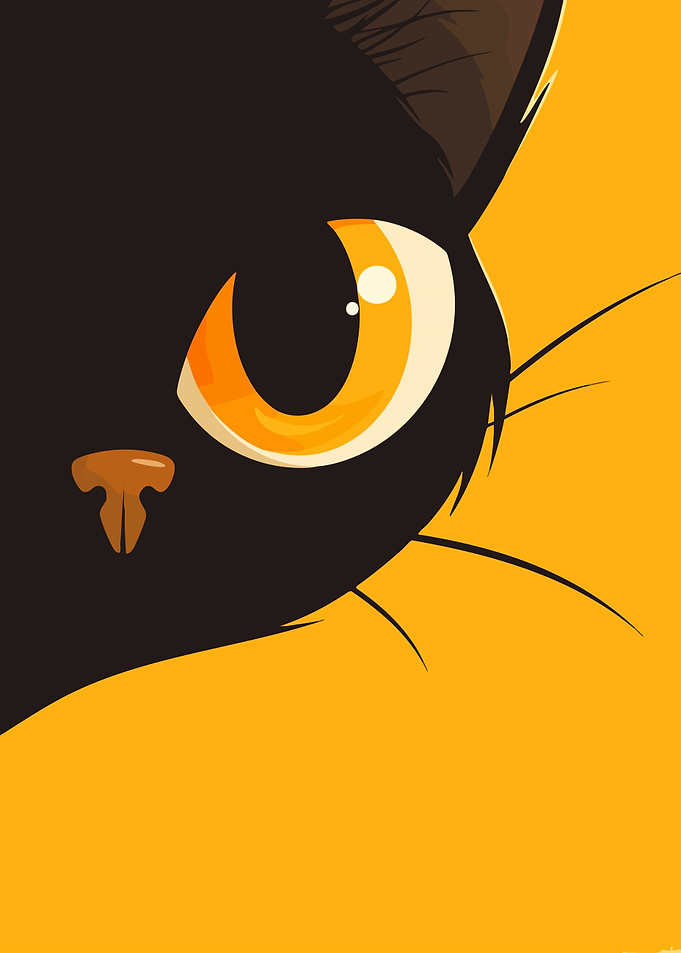 Black Cat Eye on Yellow Background Cute Minimalist Art Illustration