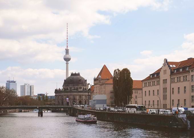 Berlin, Germany I Museum Island skyline with Bode Museum, Fernsehturm tower, Spree river reflections with moody aesthetic urban cityscape photography and calm atmosphere cinematic vintage architecture
