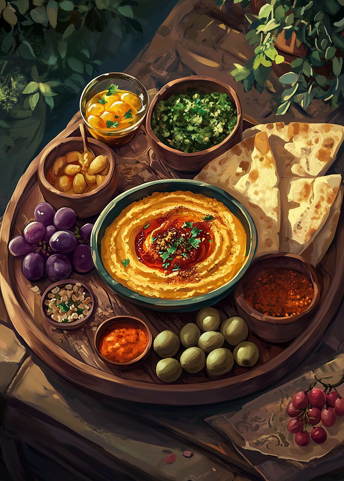 Hummus and Mezze Platter Still Life