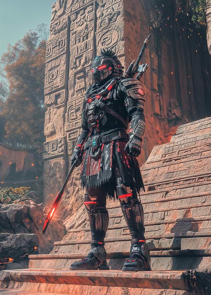 Futuristic Warrior on Ancient Steps