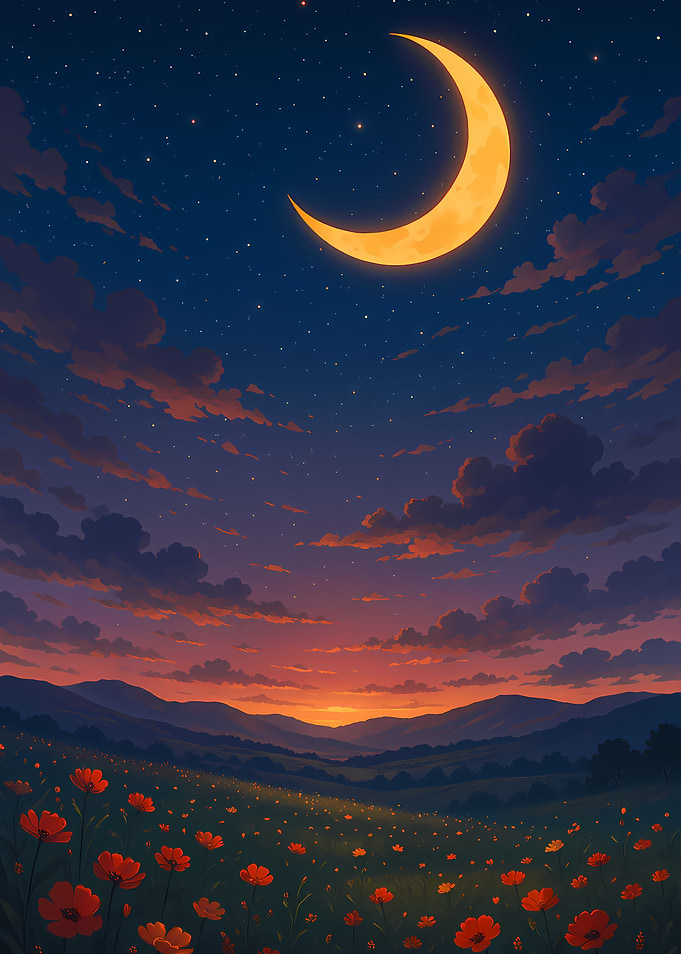Moonlit Poppy Field at Dusk
