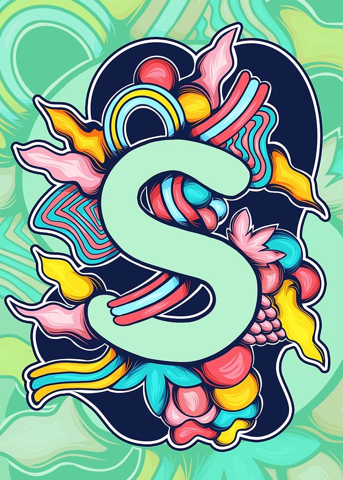 Letter S with colorful abstract elements